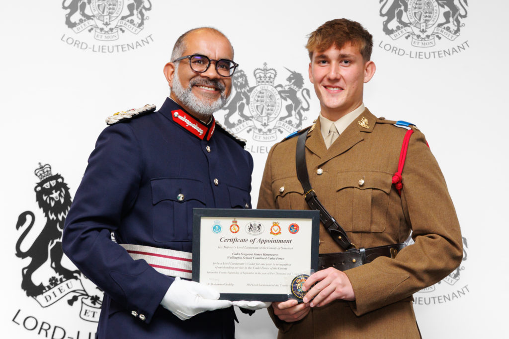 Sergeant James Hargreaves receiving his certificate from the Lord-Lieutenant of Somerset.